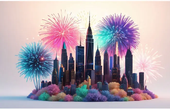 Beautiful Firecrackers Fill the Night Time Sky of Big City Background 3d Art Illustration
